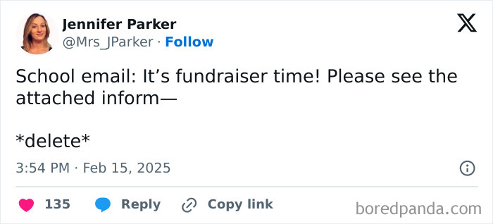 Tweet from parent humorously deleting a school fundraiser email.