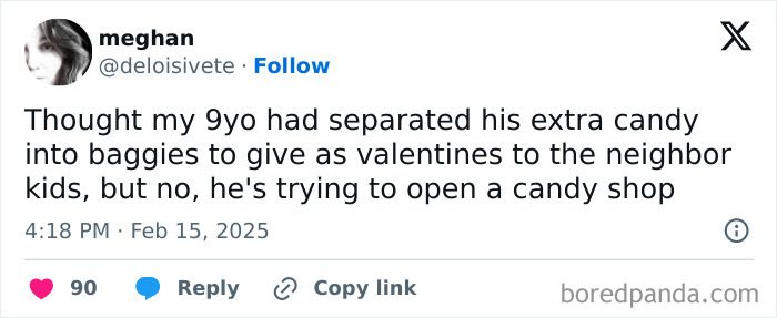 Tweet from a parent humorously describing a child's candy business plan.