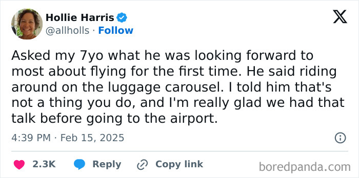 Tweet about a child humorously thinking luggage carousel is for riding, highlighting funny February tweets.
