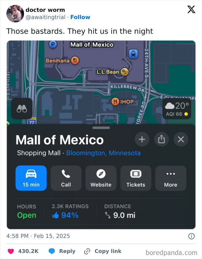 "Funny February tweet shows a map listing 'Mall of Mexico' in Bloomington, Minnesota."