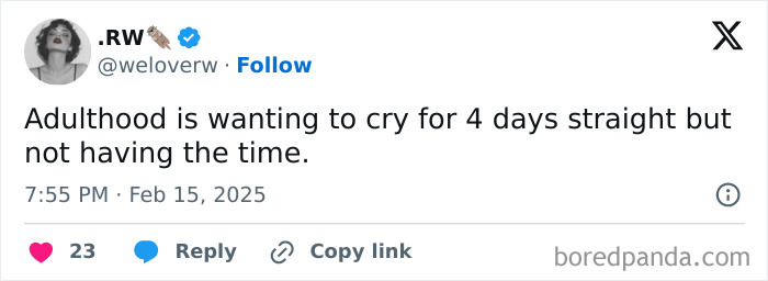 Tweet humorously captures the essence of adulthood moments, highlighting the struggle of not having time to cry.