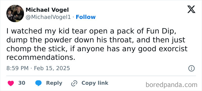Tweet about a kid eating Fun Dip humorously shared by a parent.
