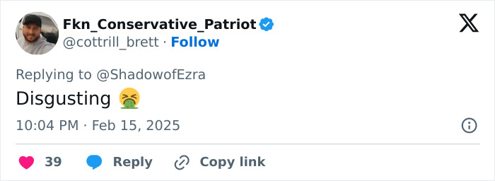 Tweet response to "Creepy" book event, shows user calling it "Disgusting" with angry emoji, dated February 15, 2025. Tweet response to "Creepy" book event, shows user calling it "Disgusting" with angry emoji, dated February 15, 2025.