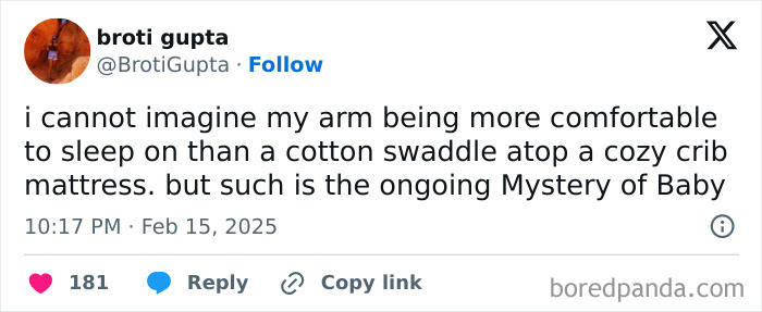 Parent tweet humorously reflects on baby sleep preferences with cotton swaddle and crib mattress.
