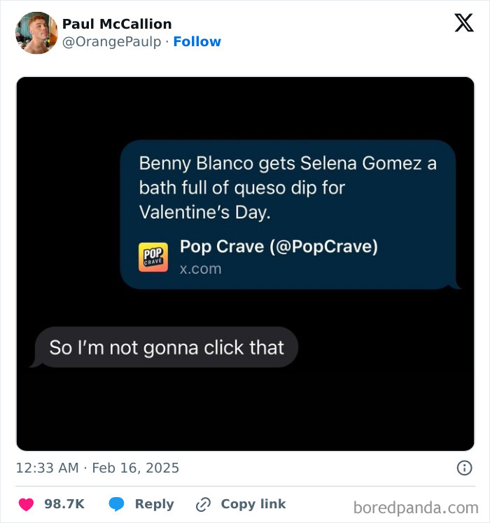 Tweet about Benny Blanco and Selena Gomez queso dip gift, leading to a humorous interaction.