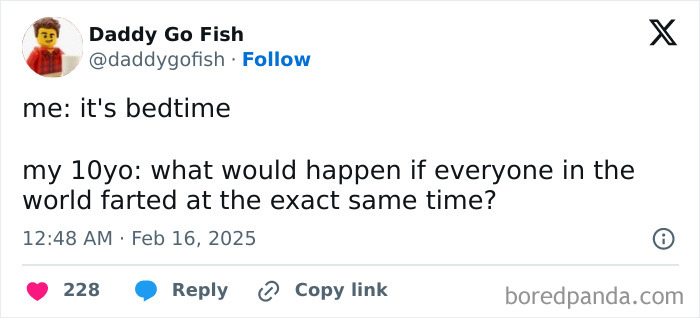 Tweet from a parent humorously discussing bedtime and kid's curious questions.