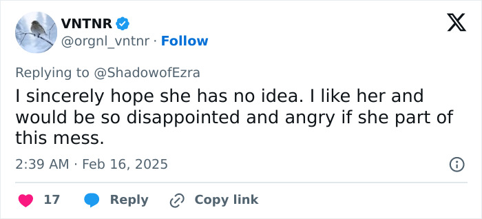 Tweet expressing hope Jennifer Garner is unaware, fearing disappointment in her involvement in an FBI-investigated event. Tweet expressing hope Jennifer Garner is unaware, fearing disappointment in her involvement in an FBI-investigated event.