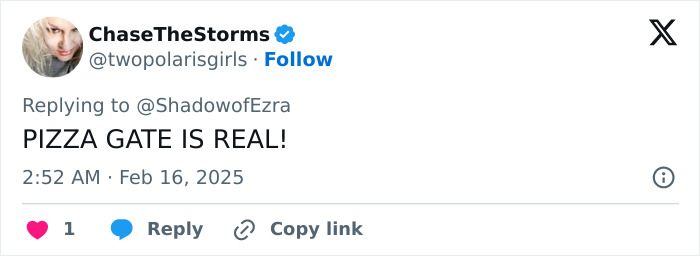 Tweet claiming "Pizza Gate is real" in response to ShadowofEzra, posted by user ChaseTheStorms. Tweet claiming "Pizza Gate is real" in response to ShadowofEzra, posted by user ChaseTheStorms.