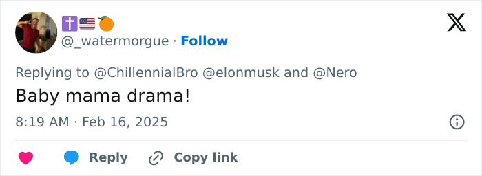 Tweet mentioning Elon Musk with the phrase "Baby mama drama! Tweet mentioning Elon Musk with the phrase "Baby mama drama!