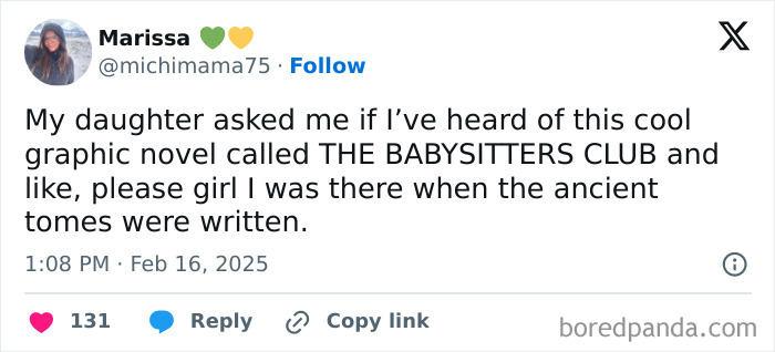 Tweet from a parent humorously reacting to their child's question about "The Babysitters Club" graphic novel.