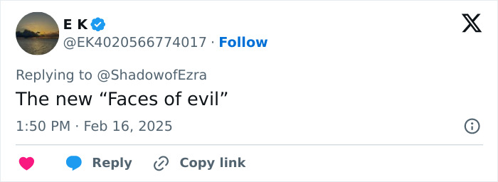 Tweet mentioning "faces of evil" in response to an event linked to Jennifer Garner and FBI investigation. Tweet mentioning "faces of evil" in response to an event linked to Jennifer Garner and FBI investigation.