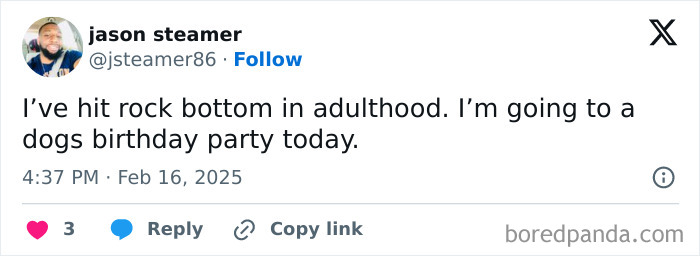 Tweet about adulthood humor, mentioning attending a dog's birthday party.