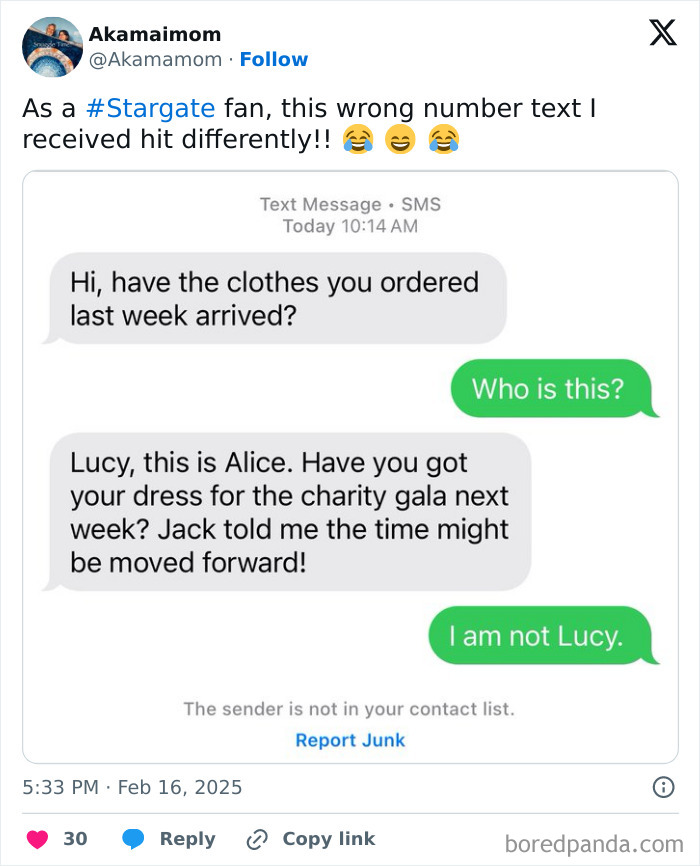 Text conversation showing a funny message sent to the wrong recipient about a charity gala dress.
