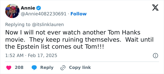 Tweet criticizing Tom Hanks for playing a MAGA supporter on SNL, expressing disappointment and referencing the Epstein list.