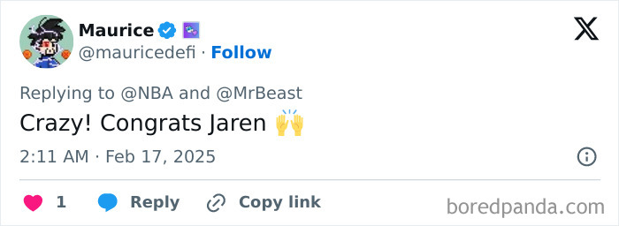Tweet congratulating college student for winning shooting challenge versus NBA star. Tweet congratulating college student for winning shooting challenge versus NBA star.
