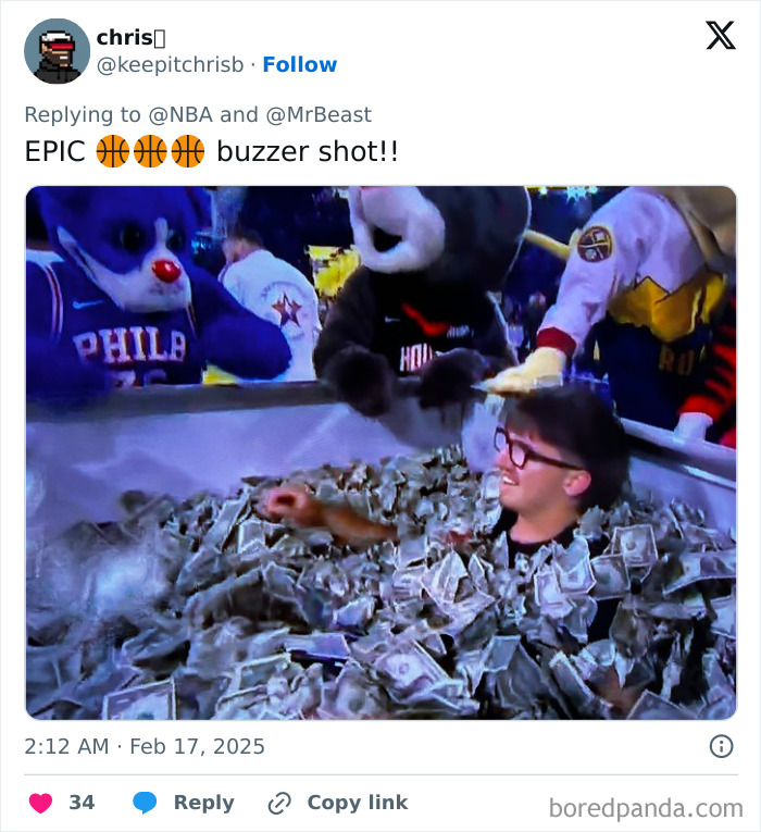 College student celebrates winning $100K in a shooting challenge, surrounded by cash, with NBA mascots cheering. College student celebrates winning $100K in a shooting challenge, surrounded by cash, with NBA mascots cheering.
