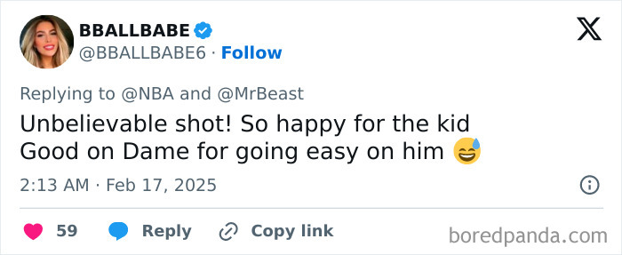 Tweet celebrating college student's buzzer-beater win against NBA star Dame Lillard in a shooting challenge. Tweet celebrating college student's buzzer-beater win against NBA star Dame Lillard in a shooting challenge.