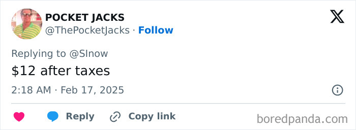 Tweet screenshot by Pocket Jacks humorously commenting "$12 after taxes" related to a college student's shooting challenge win. Tweet screenshot by Pocket Jacks humorously commenting "$12 after taxes" related to a college student's shooting challenge win.