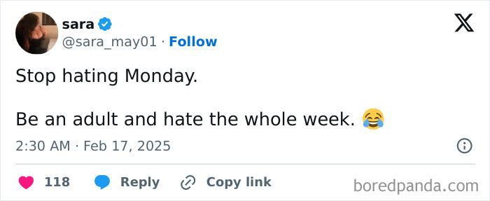 Tweet about hating Monday and adulthood humor with a laughing emoji.
