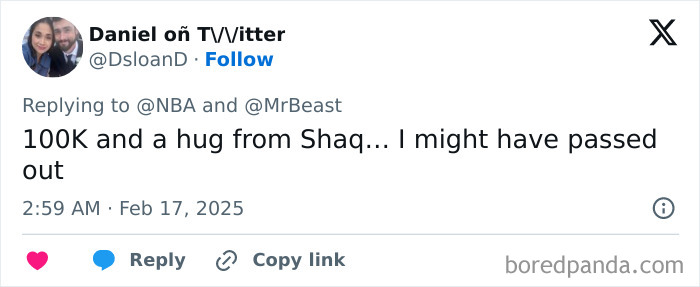 Tweet about winning $100K and a hug from Shaq, referring to a college student's success in a shooting challenge. Tweet about winning $100K and a hug from Shaq, referring to a college student's success in a shooting challenge.