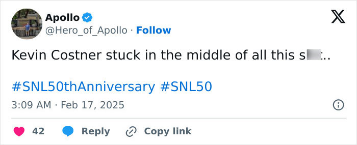 Kevin Costner tweet about SNL50thAnniversary goes viral with hashtags #SNL50thAnniversary #SNL50. Kevin Costner tweet about SNL50thAnniversary goes viral with hashtags #SNL50thAnniversary #SNL50.