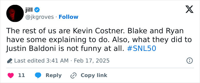 Kevin Costner's reaction to a Baldoni joke on SNL 50 becomes viral, humorously discussed in a tweet. Kevin Costner's reaction to a Baldoni joke on SNL 50 becomes viral, humorously discussed in a tweet.