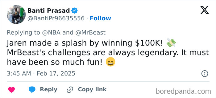 Tweet celebrating a college student winning $100K in a shooting challenge against NBA star Dame Lillard. Tweet celebrating a college student winning $100K in a shooting challenge against NBA star Dame Lillard.