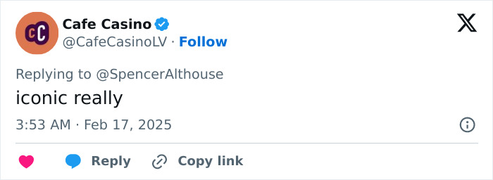 Cafe Casino Twitter post responding to Spencer Althouse, stating "iconic really," possibly about Emma Stone's popcorn dress on SNL. Cafe Casino Twitter post responding to Spencer Althouse, stating "iconic really," possibly about Emma Stone's popcorn dress on SNL.
