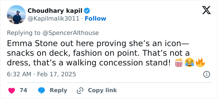 A Twitter post humorously describes Emma Stone's popcorn-themed dress on SNL. A Twitter post humorously describes Emma Stone's popcorn-themed dress on SNL.