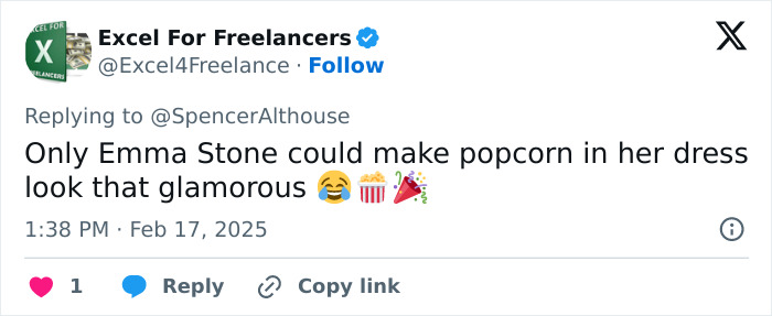 Tweet about Emma Stone wearing a glamorous popcorn-themed dress, including emojis for humor and celebration. Tweet about Emma Stone wearing a glamorous popcorn-themed dress, including emojis for humor and celebration.