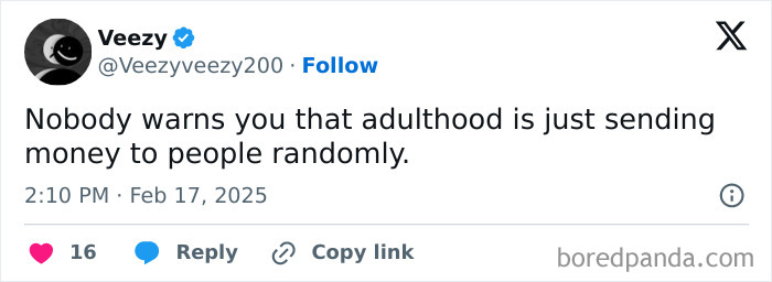 Funny tweet about adulthood, mentioning unexpected costs.