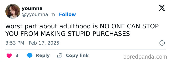 Tweet humorously highlighting adulthood struggles with impulse purchases.