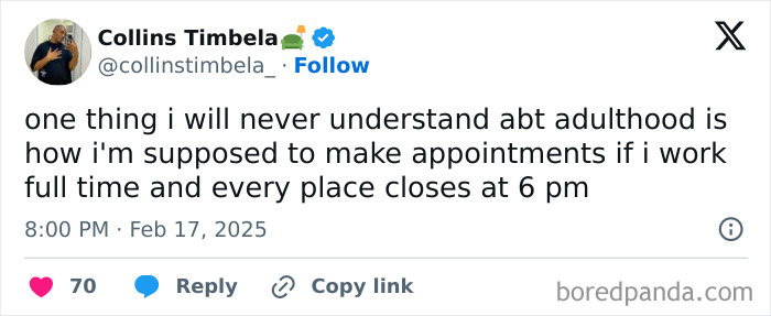 Tweet humorously questioning how adulthood responsibilities fit into a work schedule.