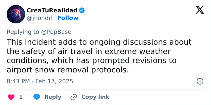Tweet discussing airline safety and weather impact, related to a Delta Airlines crash landing incident. Tweet discussing airline safety and weather impact, related to a Delta Airlines crash landing incident.