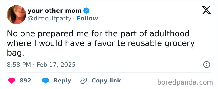 Tweet about adulthood humor with a focus on unexpectedly having a favorite reusable grocery bag.