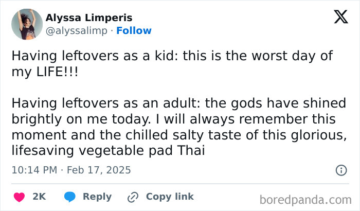 Social media post humorously contrasting childhood and adulthood views on leftovers.