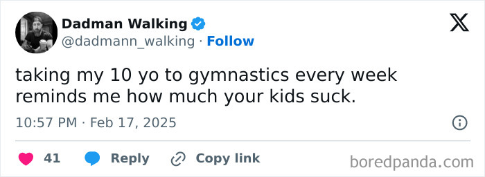 Tweet from a parent humorously comparing their child to others, part of unhinged tweets from parents.