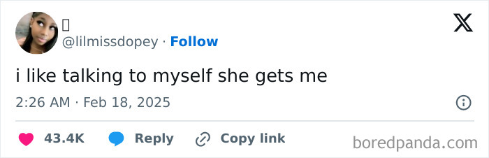 Tweet humorously expressing self-understanding and connection, gaining over 43K likes.