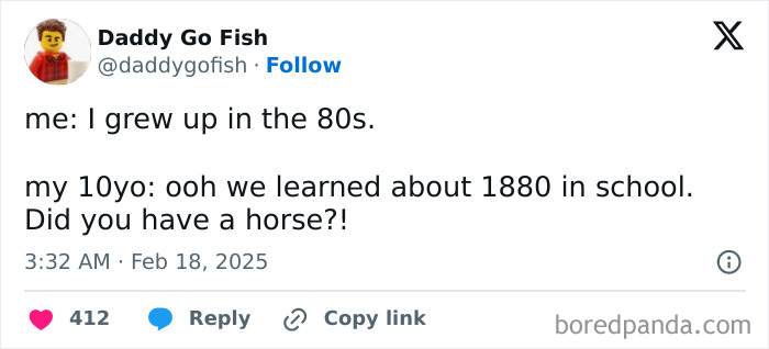 Tweet from a parent humorously sharing an interaction with their child about the 1980s and 1880.