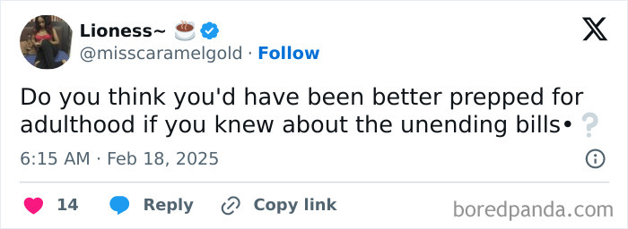 Tweet humorously questioning adulthood preparation for unending bills, highlighting adult life challenges.