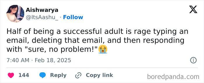 Screenshot of a humorous tweet about adulthood, discussing the process of rage typing and deleting emails.