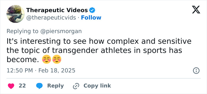 Tweet discussing the complexities of transgender inclusion in sports, emphasizing sensitivity around transgender athletes.