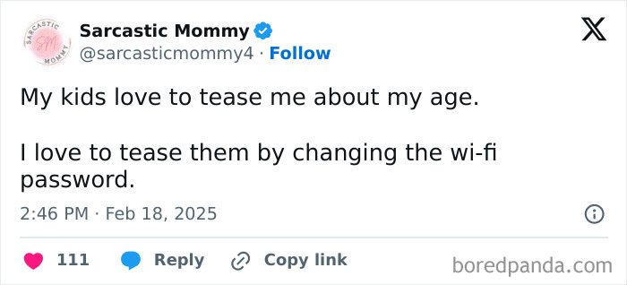 Tweet from a parent humorously discussing teasing with their kids, mentioning Wi-Fi passwords.