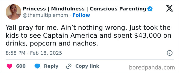 Tweet from a parent humorously exaggerating the cost of taking kids to a movie; mentions drinks and snacks.