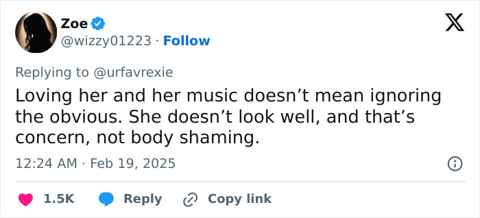 Tweet expressing concern for Ariana Grande's appearance, discussing health over body shaming.