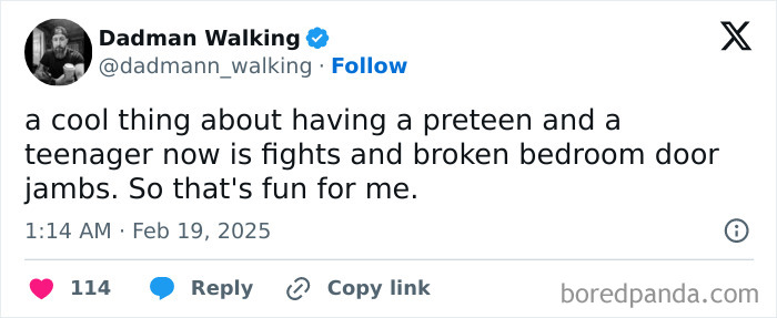 Tweet about parenting challenges with preteens and teens, mentioning fights and broken door jambs.