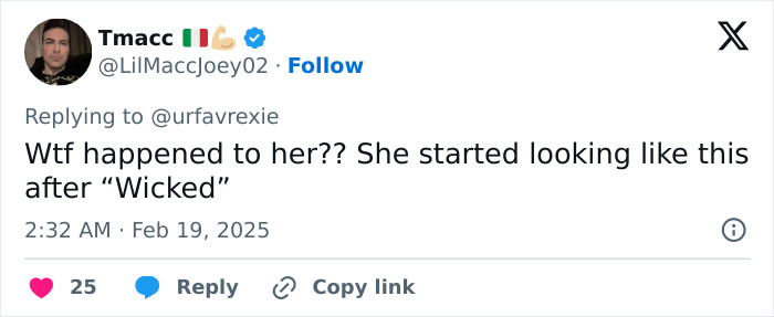 Tweet questioning changes in Ariana Grande's appearance after "Wicked.