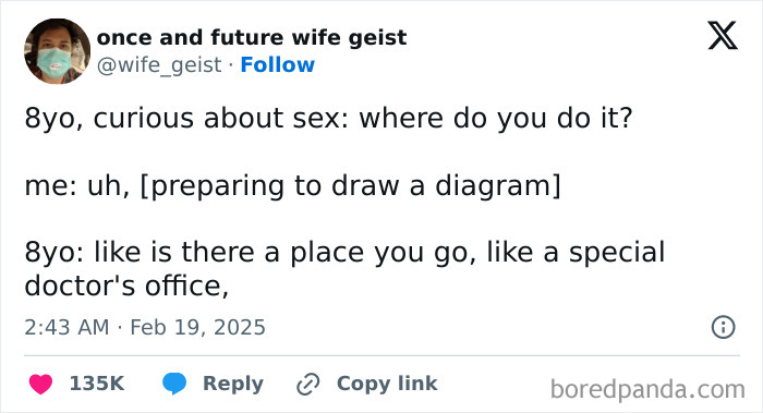 Tweet from a parent humorously discussing a child's curious question, related to unhinged tweets from parents.