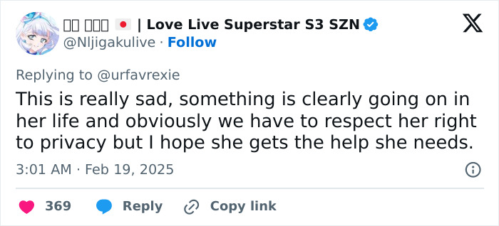 A tweet expressing concern about an individual's thin appearance and wellbeing, advocating for privacy and support.