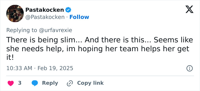 Tweet commenting on Ariana Grande's appearance, sparking concern over her extremely thin image.